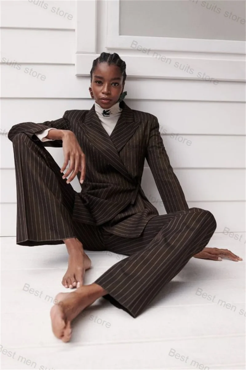 

Pinstripe Brown Women Suits Set 2 Pieces Blazer+Pants Fashion Female Formal Office Lady Jacket Prom Wedding Tuxedo Tailored