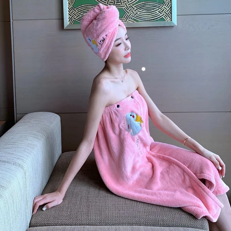 Madam Superfine Fiber 2-Piece Bath Set Hair Drying Cap Tube Top Embroidery Bath Dress Quick Dry Super Absorbent Soft Towel Suit