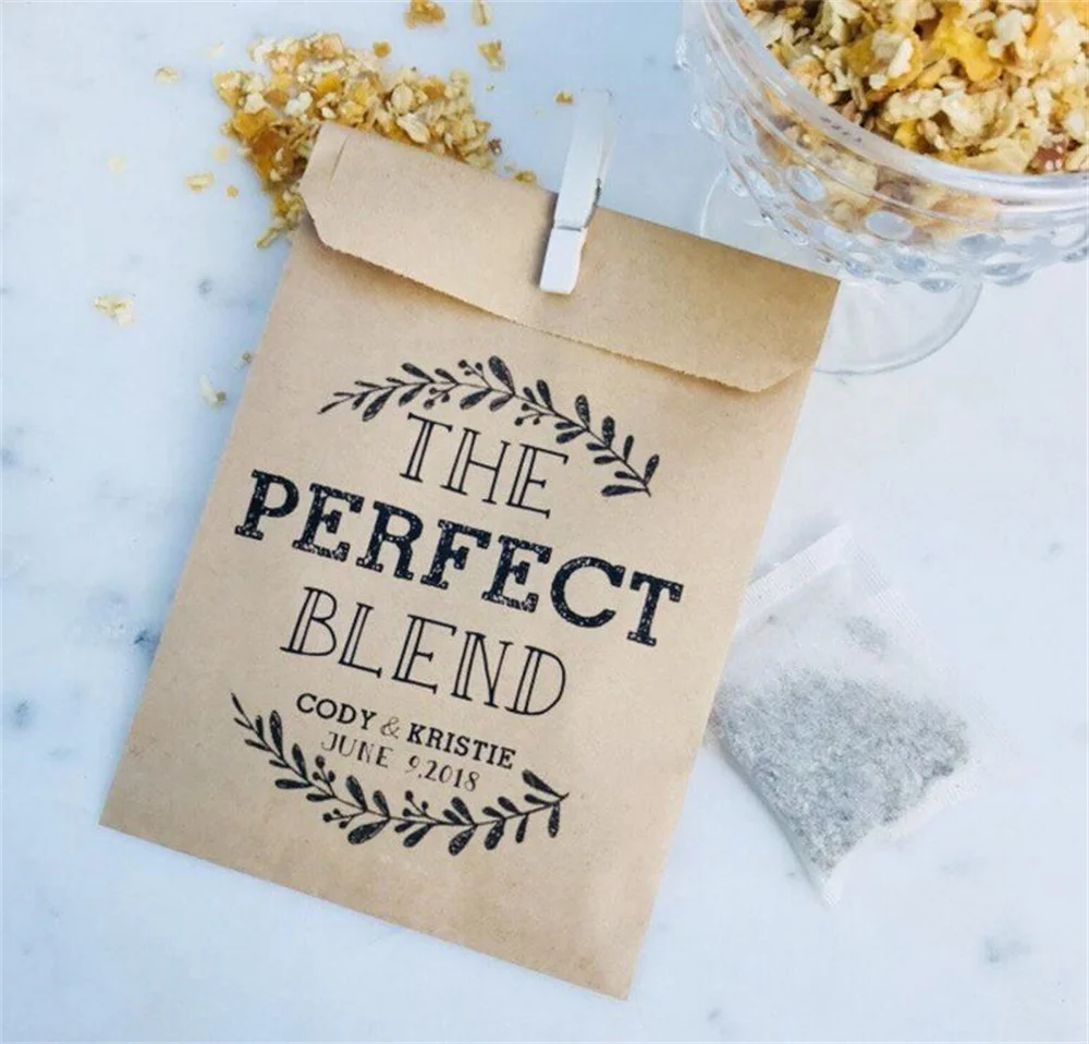 50 Wedding Favor Bags! - The Perfect Blend - Coffee, Tea & Honey, or Granola Favor Bags - Custom Printed on Kraft Brown Paper Ba