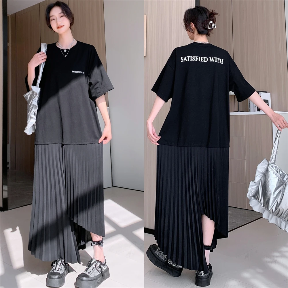 NYFS حجم كبير فستان نسائي فضفاض صيف 2025 النمط الكوري قصيرة الأكمام طباعة فستان طويل رداء Elbise