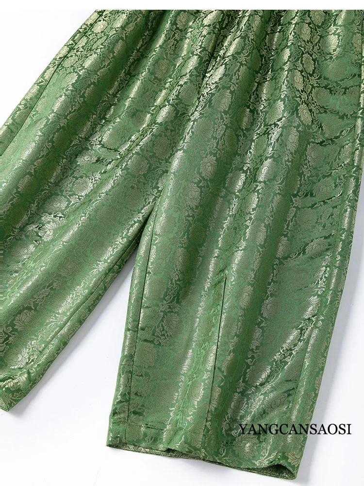 30MM Heavyweight Woven Gold Natural Mulberry Silk Jacquard Satin Elastic Waist Women's Loose Casual Harem Pants