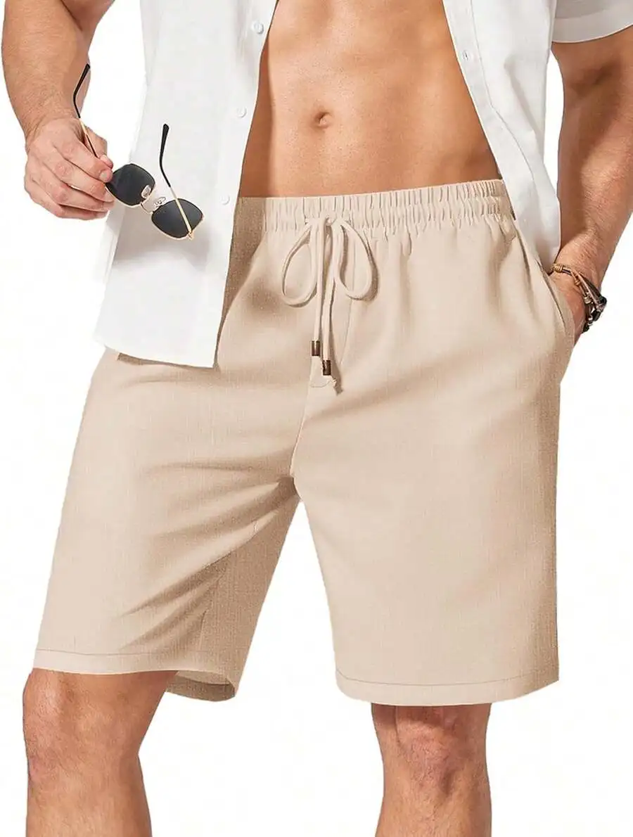 

Mens Linen Shorts Casual Summer Beach Shorts Elastic Waist Drawstring With Pockets