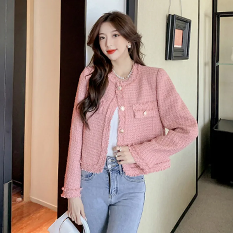 

Women Korean Chic Cropped Tweed Jacket Coats New Autumn Winter Elegant Round-Neck Long Sleeve Vintage Woolen Outerwear