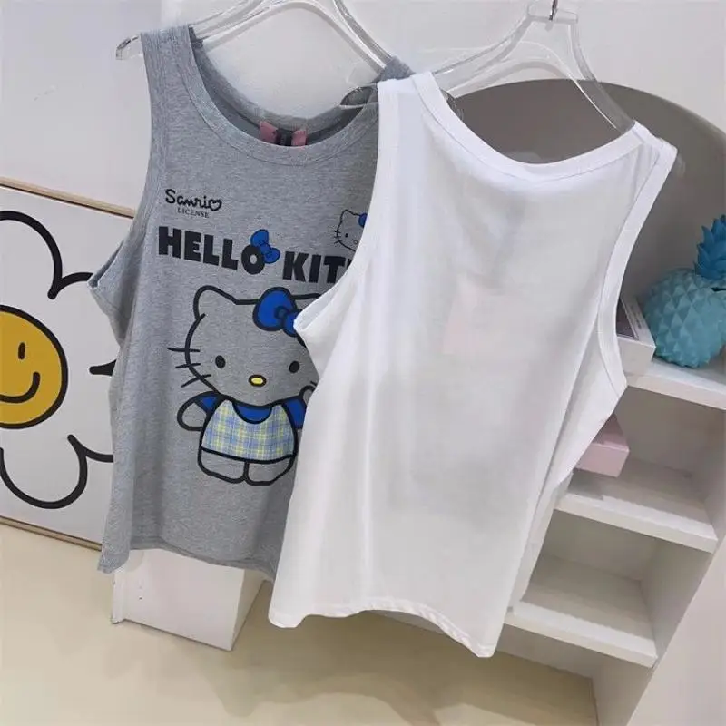 New Kawaii Anime Hello Kitty Sanrio Loose Inner Tops Cute Cartoon Character Ktcat Printed Sleeveless Vest T-Shirt Girls Clothes image 3