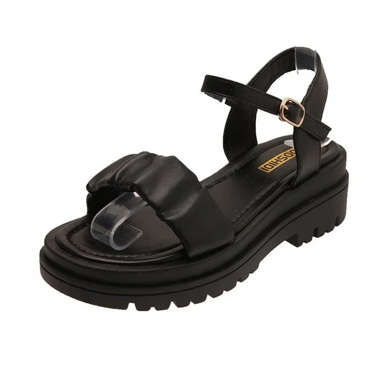 Platforma muffinowa ลredni obcas rzymskie sandaลy kobiet 2024 letnie nowe buty damskie w czystym kolorze obuwie damskie A086