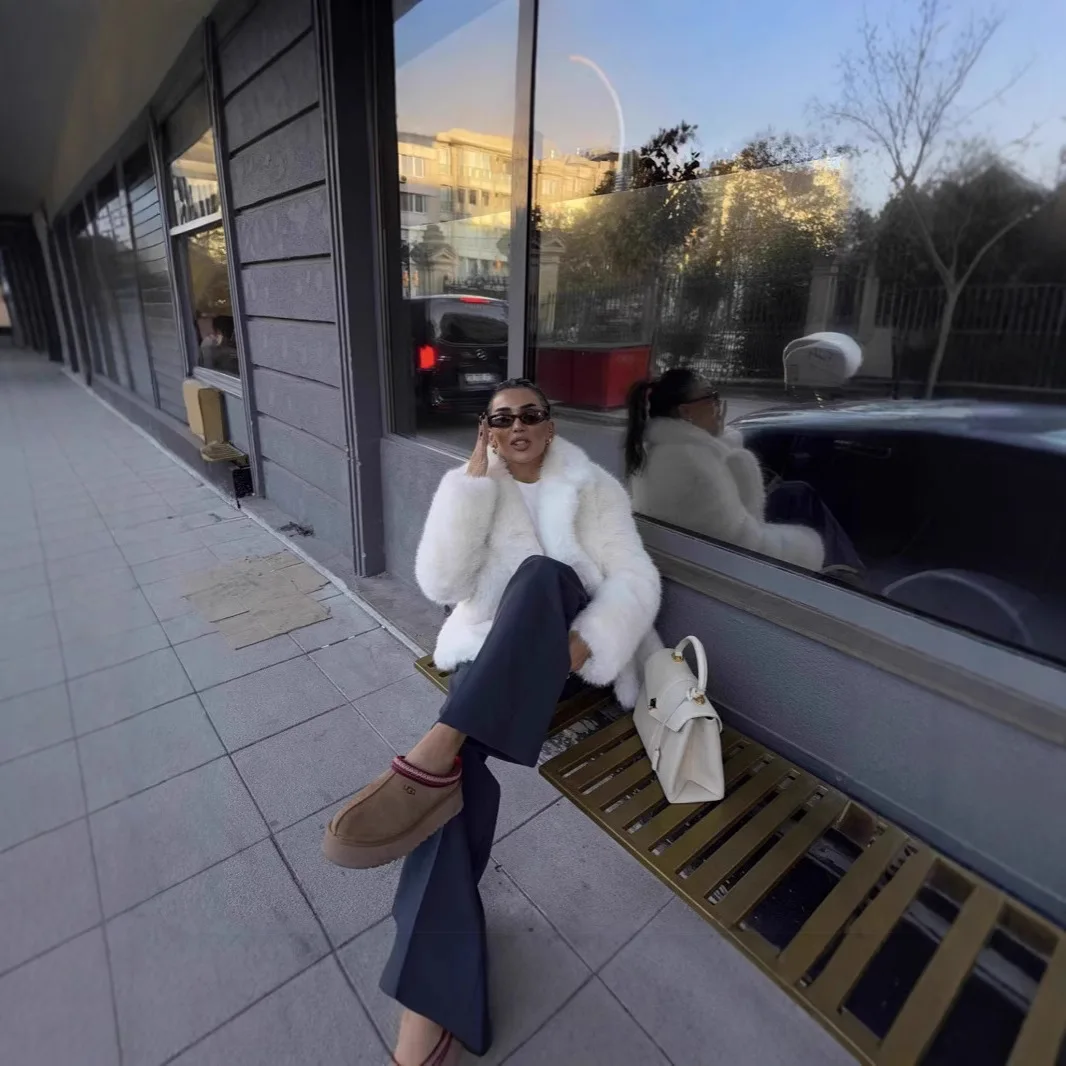 Mulheres casacos de pele do falso jaquetas de pele curta sólida lapela gola manga longa ponto aberto grosso pele quente solto casual 2025 outono inverno