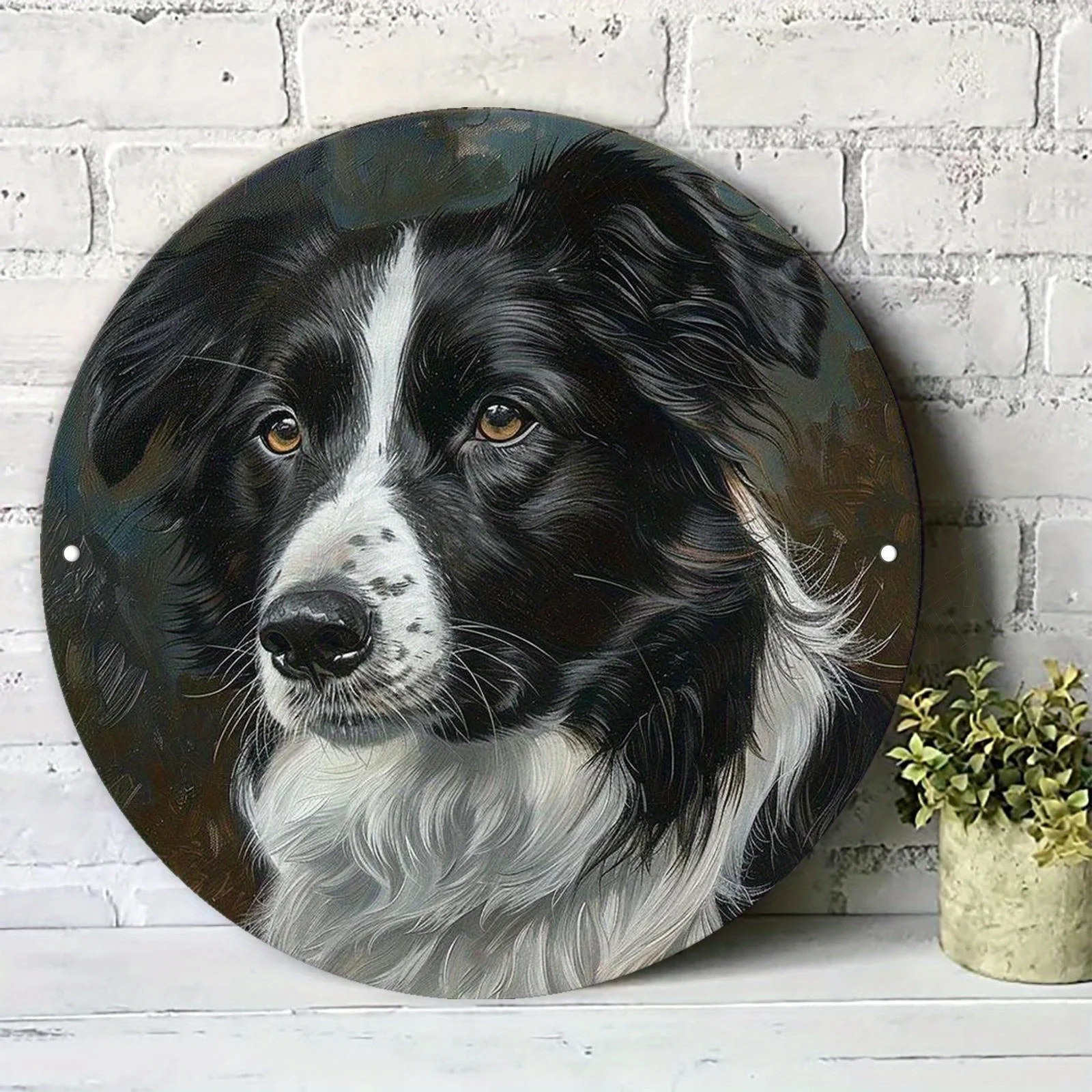 2D Flat Round Metal Wall Art - Border Collie Portrait, Vintage Style, Aluminum Sign for Home Decor, Living Room, Bedroom, Cafe,