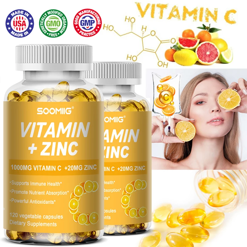 Vitamin C + Zinc, 1000 mg Vitamin C and 20 mg Zinc, Immune Support Dietary Supplement, Improves Nutrient Absorption, Antioxidant