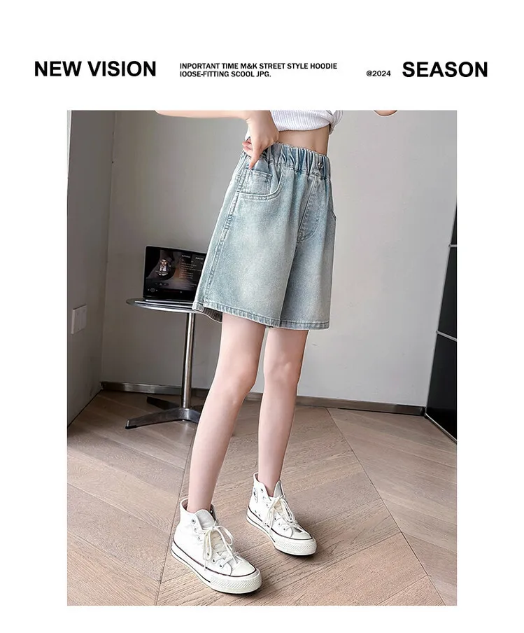 2026 Sommer Mädchen-Jeansshorts mit Schmetterlingsstickerei, Teenager-Shorts mit Elastischem Hohem Bund, Weite Beine, Lässige Streetwear für Kinder – Detail 9