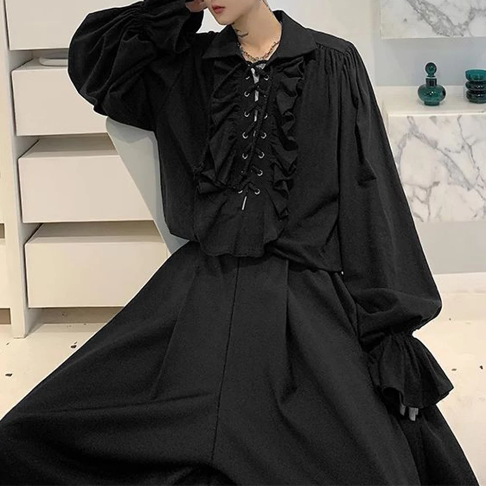 Mens Ruffled Long-Sleeved Shirt 2024 New Autumn Genderless Elegant Palace Style Retro Medieval Stage Performance Clothing Unisex