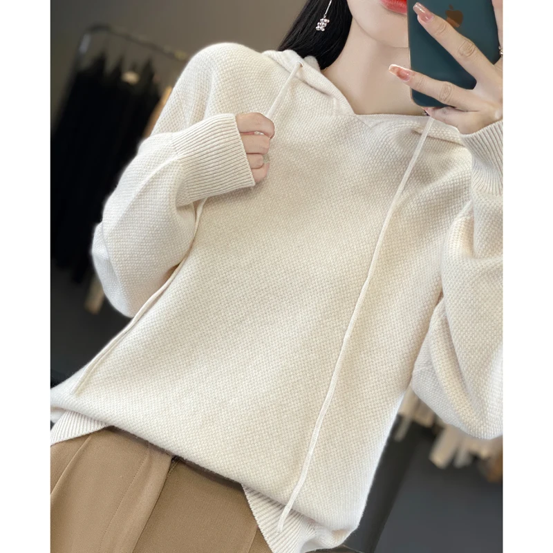 Women's Autumn Winter Wool Hooded Sweater Casual Long Sleeve 100% Merino Wool Knitted Pullovers Female Clothing Korean Hoodie