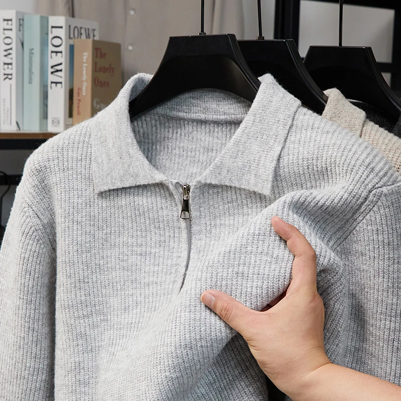 Suéter de punto de media cremallera con solapa de lujo de alta gama para hombre Otoño Invierno nuevo jersey Simple suave suéter para ir al trabajo de negocios ropa para hombre