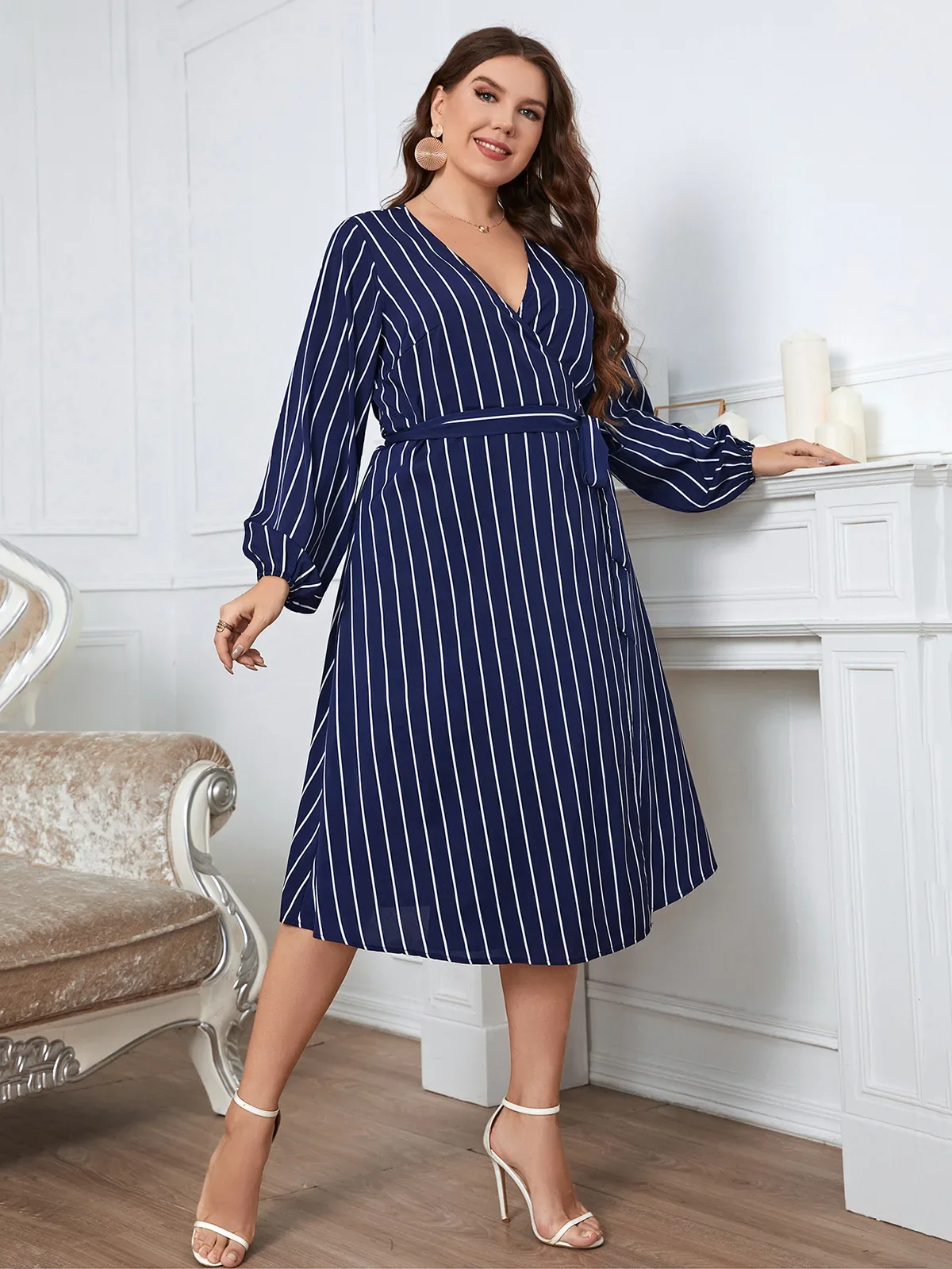 Plus Size Wrap V Neck Women Dress Long Bishop Sleeves Striped Print Robe Waist Belt A-line Dress Autumn Female Elegant Clothing