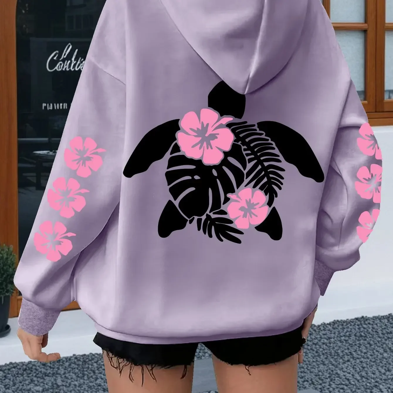 Men's Plus Size Oversized Hoodie - Sea Turtle & Pink Floral Print Kangaroo Pocket Casual Long Sleeve Sweatshirt Machine Washable