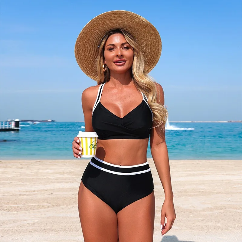 

2026 New High-Waisted Women's Swimsuit Sports Style Two-Piece Color Block Swimwear Color Blocking Bikini Set Beach Bathing Suit