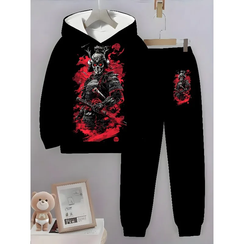 シンプルでスタイリッシュなカジュアル長袖3Dデジタルプリントクラシック戦士柄パーカーとスポーツパンツの2点セット