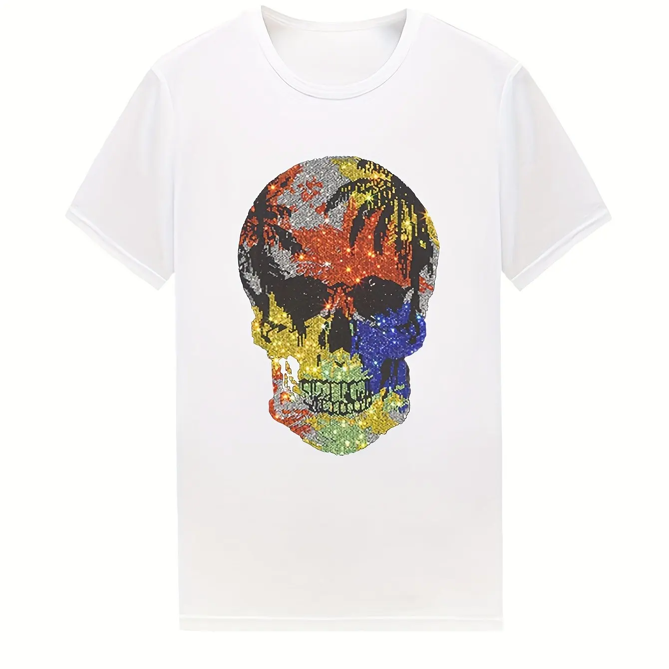 Men Women Sparkling Rhinestone Skull Graphic T-Shirt Black with Multicolor Bling Round Neck Short Sleeve Casual Tee