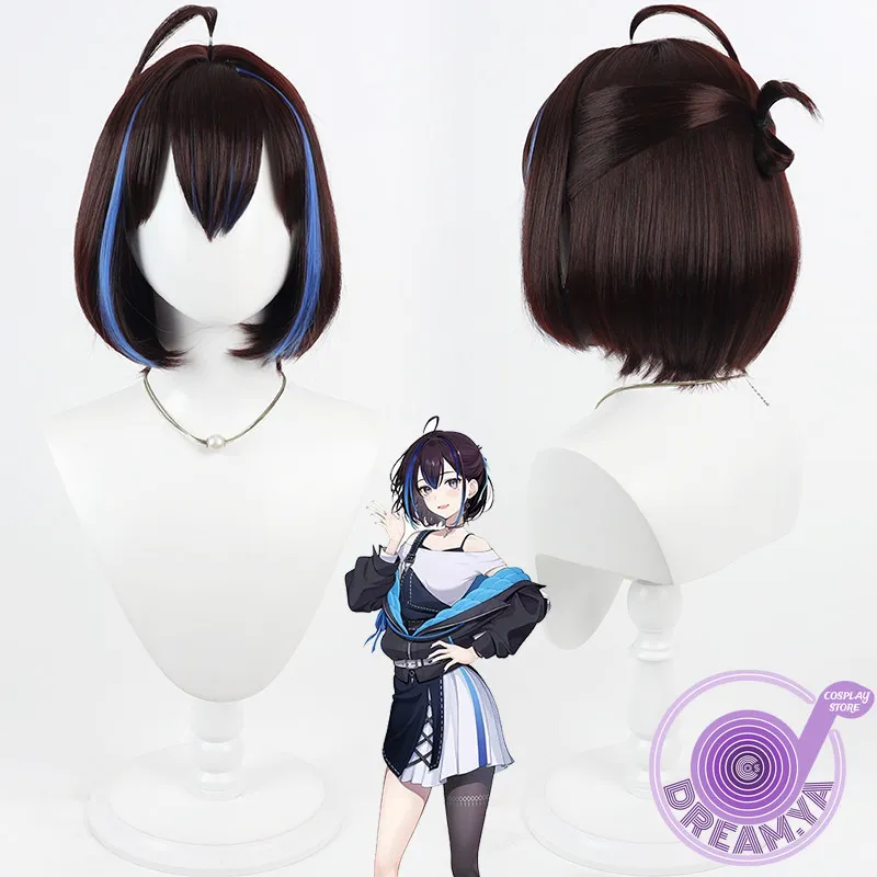 Yubari Rei Cosplay Wig Vtuber Brown Blue Short Heat Resistant Synthetic Hair Halloween Party Role Play Carnival + Free Wig Cap