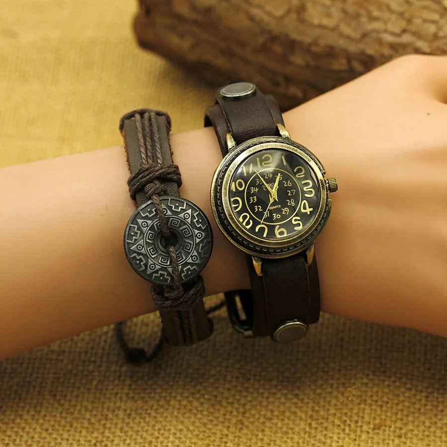 Antique bronze digital  Couples Bracelet Watches cowhide leather vintage watch  hand-woven cowhide bracelet Good luck red rope