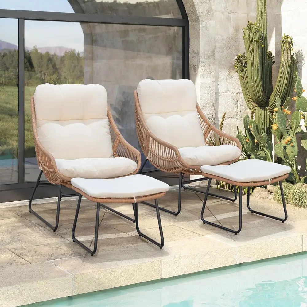 

2-Person Outdoor Wicker Papasan Chair with Ottoman, Cushioned Egg-Shaped Lounger for Patio, Indoor, or Balcony, Beige