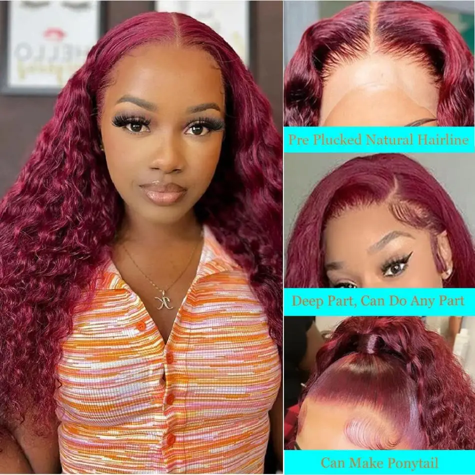 Perruque Lace Front Wig Naturelle Bouclée, Cheveux Humains, Deep Wave, Bordeaux HD, 13x4, 13x6, 100% 30 40 Pouces, pour Femme