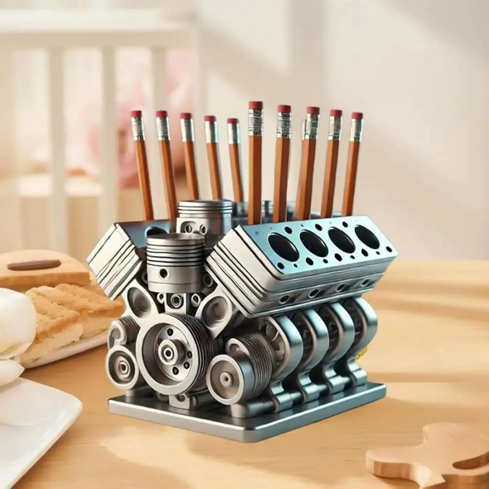 Creative V6/V8 Engine Shaped Engine Block Pen Holder Crafts Ornaments Desk Organizer Engine Model Fun Desktop Decor Desktop