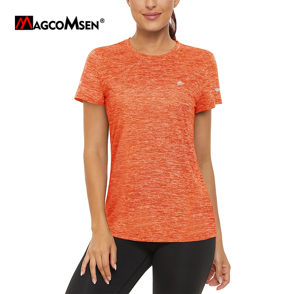 MAGCOMSEN Gyms T-Shirt Womens Short Sleeve Workout Shirt Round Neck Reflective Strip Running Quick Dry Summer Casual Tee