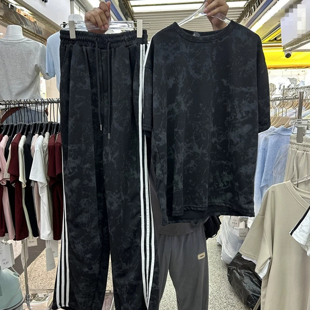 Loose and fashionable T-shirt top + elastic waist wide-leg casual trousers two-piece set-GZTZ101