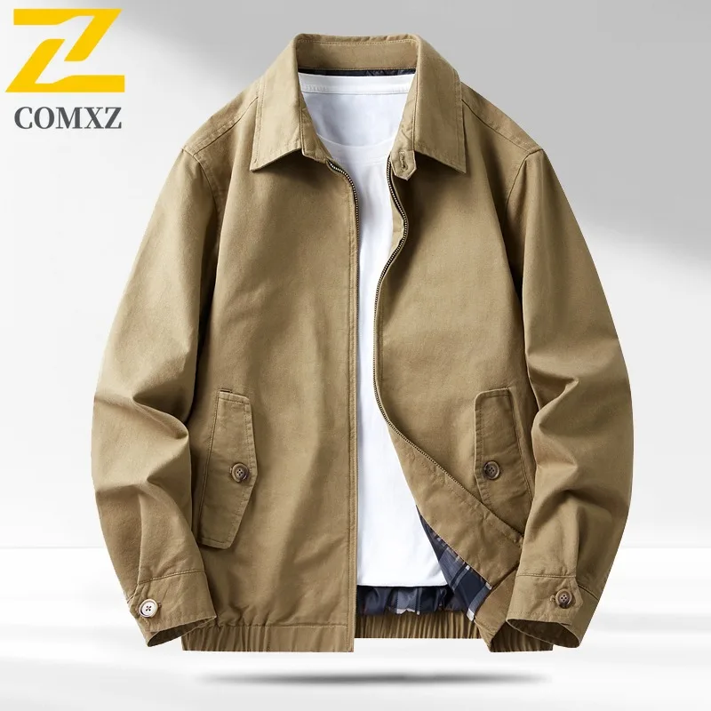 

COMXZ Autumn Men Windproof Jacket Business Casual Versatile Coat Slim Notch Collar Solid Color Double Layer Middle Aged Garment