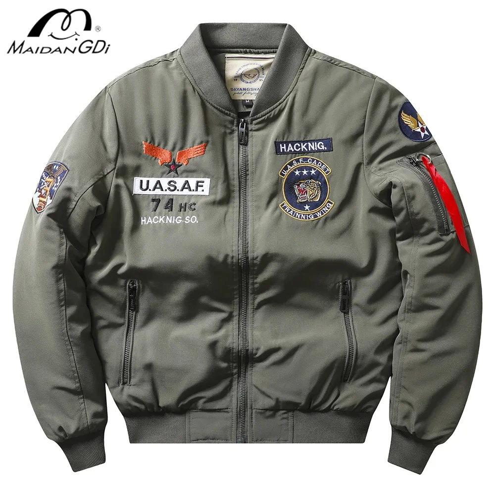 MAIDANGDI Trendy embroidered pilot jacket men's autumn and winter thick military green cotton coat workwear jacket baseball