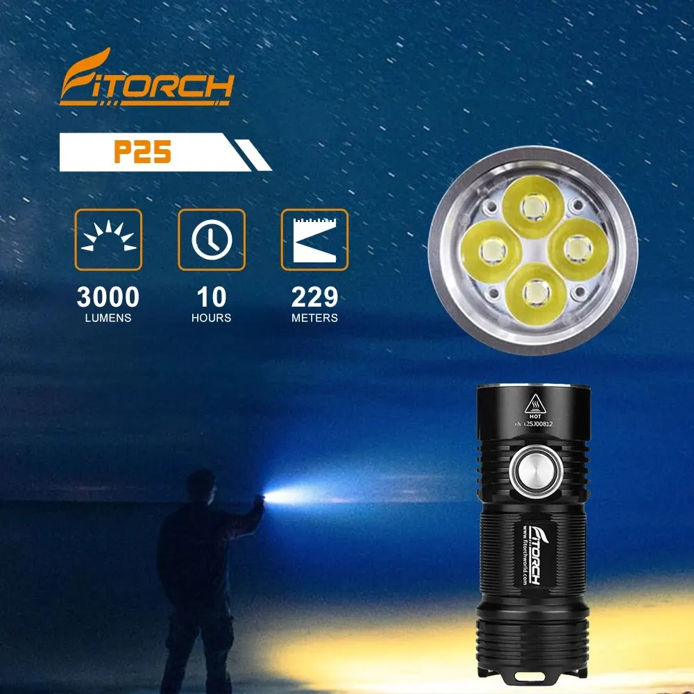 Fitorch P25 LED Flashlight USB Rechargeable Camping Lamps Powerful Torch Light Lanterns 4 Lighting Modes 3000lm EDC Flash Light