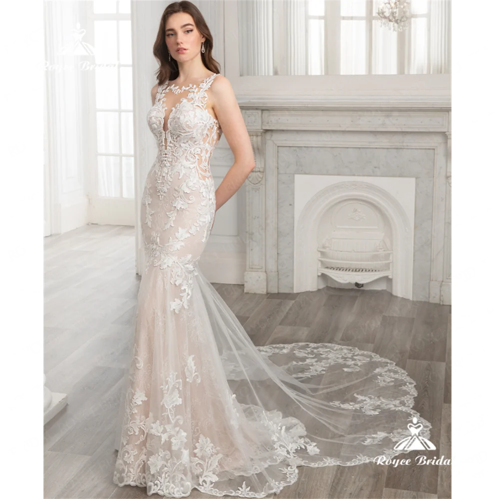 

Свадебное платье Roycebridal с круглым вырезом и юбкой-годе, 2025, кружевное свадебное платье с открытой спиной и шлейфом, элегантное платье для вечеринок, 딩 trou כtrou trou 딩 trou