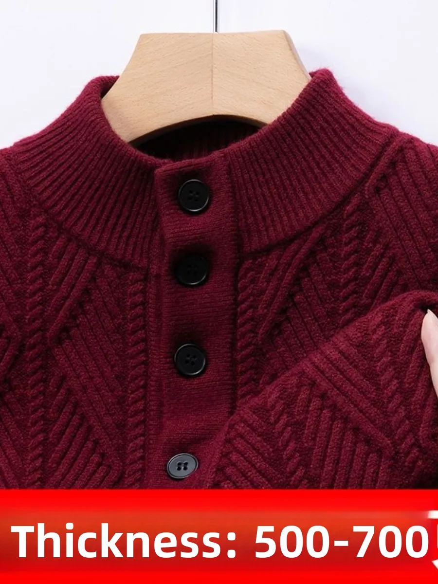 

Мужской свитер из камвольной пряжи с двойной вязкой, на пуговицах, с высоким воротником, зимний, больших размеров, удобный, мягкий, с длинными рукавами