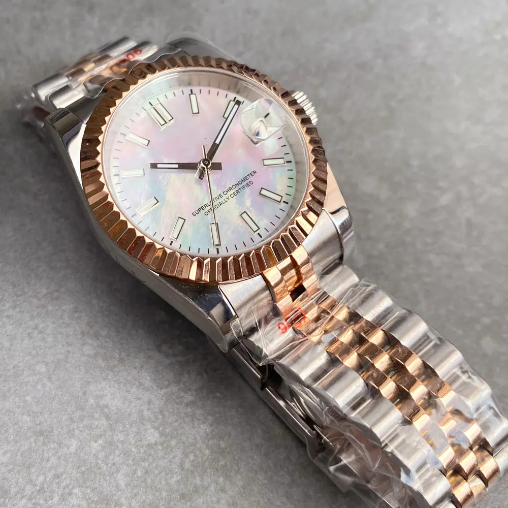 Tandorio two tone rose gold case DJ MOP Mother of Pearl Dial 36/39mm Sapphire NH35A Diver Watch Men 20ATM Automatic glass back