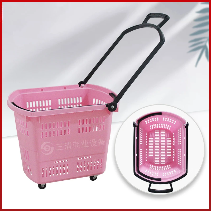 Pink Supermarket Trolley Shopping Basket Handheld Basket Snack Group Shop with Pulley Shopping Basket Handheld Storage Basket