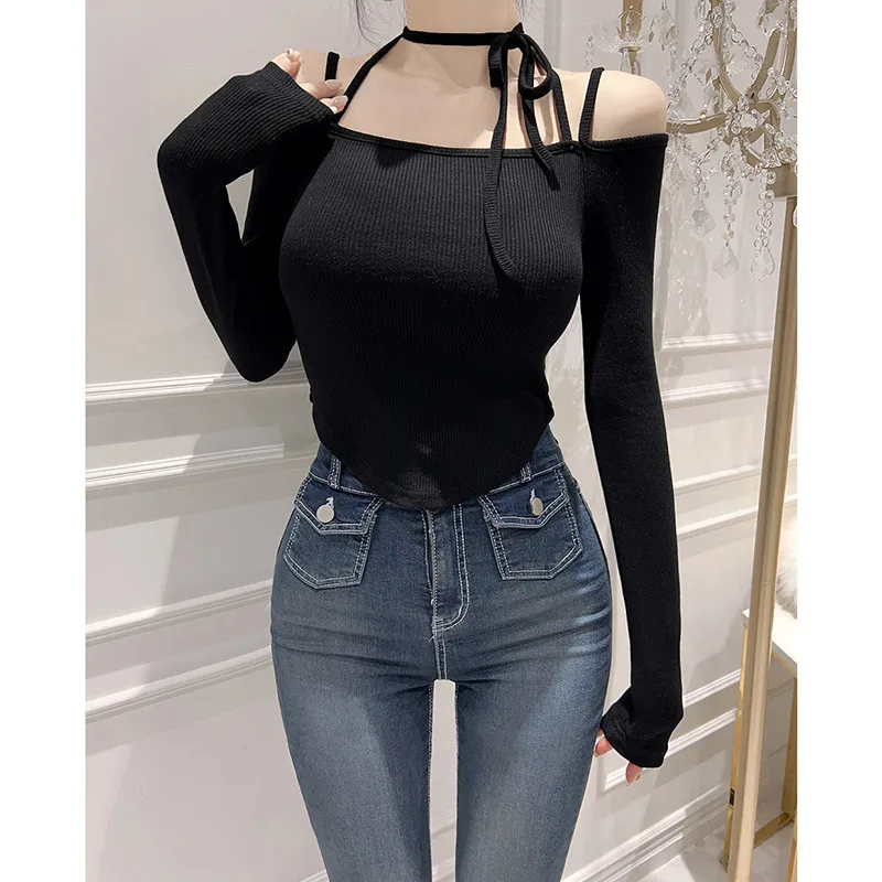 South korea Dongdaemun Fashion Comfortable New Trend Women Cross Thin Drawstring Hanging Neck off-the-Shoulder Slim fit Short...