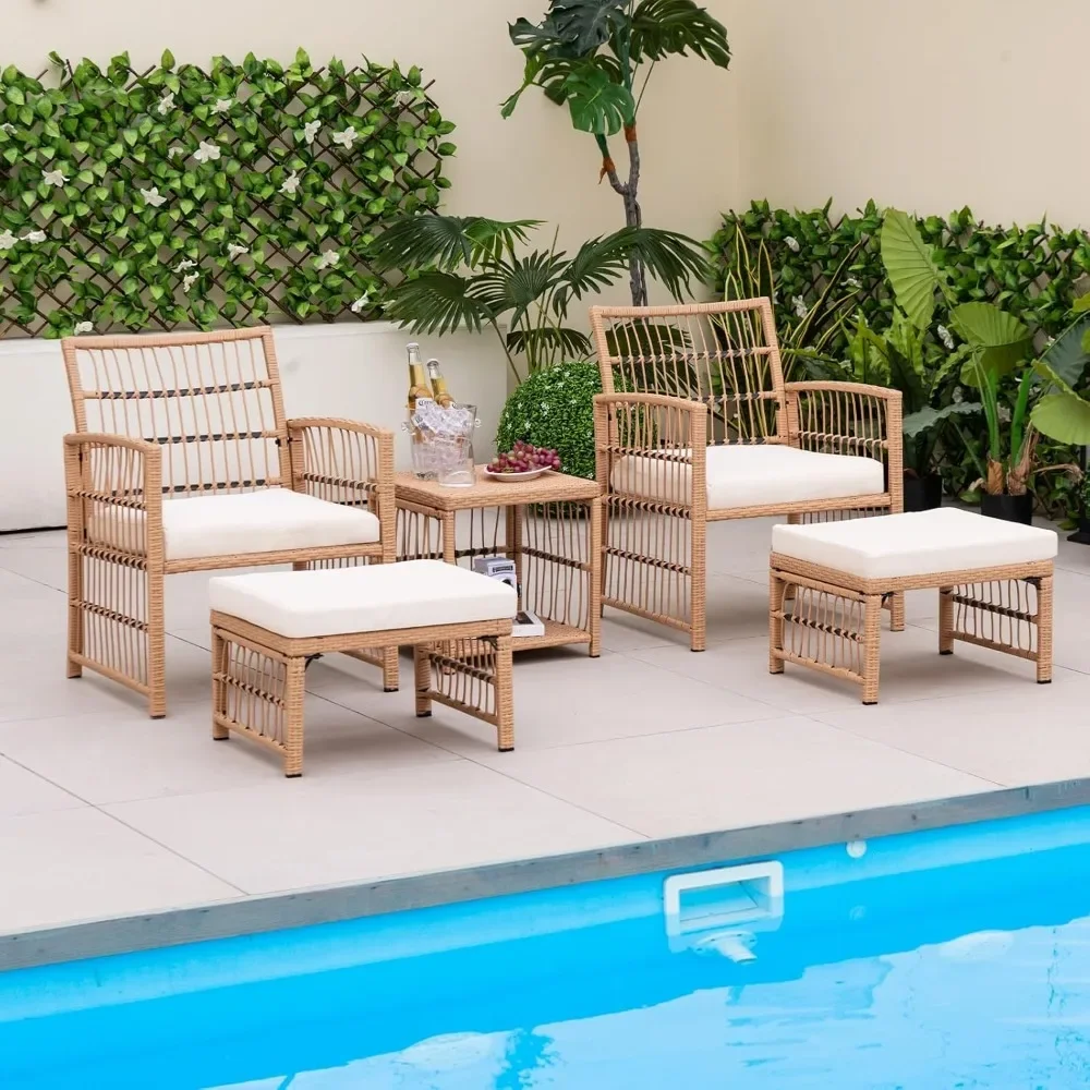 5 Piece Patio Wicker Sofa Set, Wicker Sofa Set for Backyard, Poolside, Outdoor Rattan Conversation Set with Seat Cushions