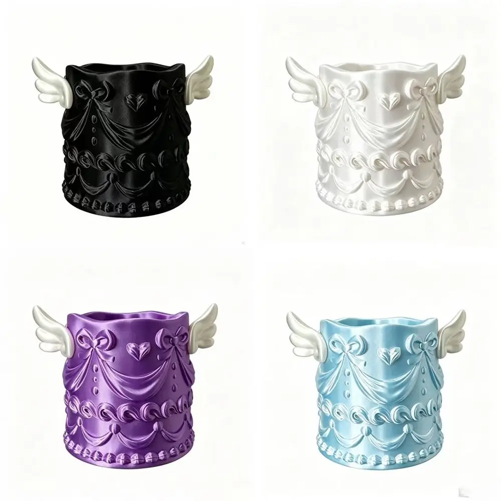 Silk Texture Makeup Brush Holder Desktop Storage Relief Design Desktop Pen Cup Brush Bucket Angel Wings Brush Holder For Women