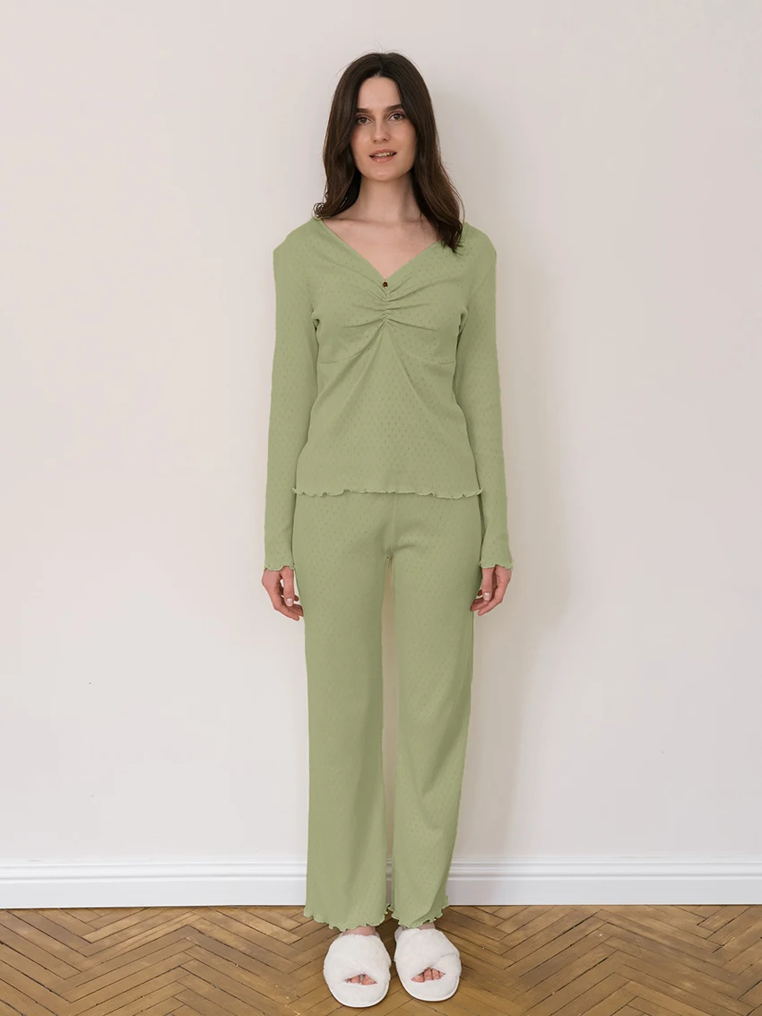 

Marthaqiqi Winter Female Sleepwear Suit Long Sleeve Sleepwear Sexy V-Neck Nightgowns Pants Casual Women'S Nightwear 2 Piece Set