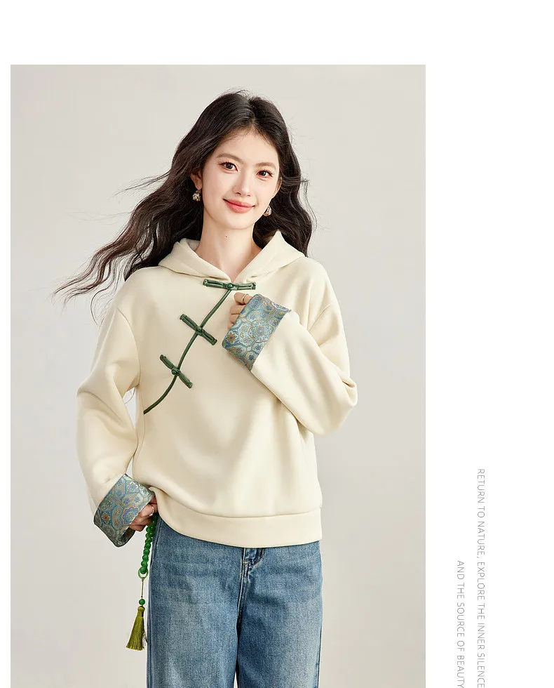 VIMLY New Chinese Style Hooded Sweatshirt Fall Winter Color Contrast Frog Button Fleece Lined Thickened Pullover Ladies A7683
