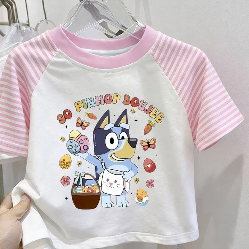 

New Summer Bluey Cartoon Striped T-shirt Cute Anime for Kids Boys Girls Versatile Cotton Casual Short Sleeve Tops Kawaii Gifts