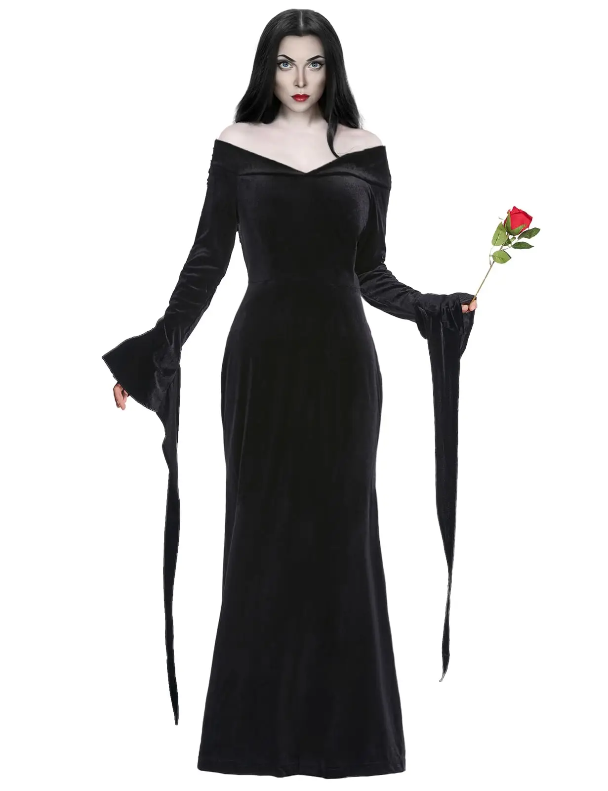 Morticia Addams Dress Pugsley Anime Cosplay Costume Women Adult Gothic Witch Dress with Rose Family Halloween Costumes