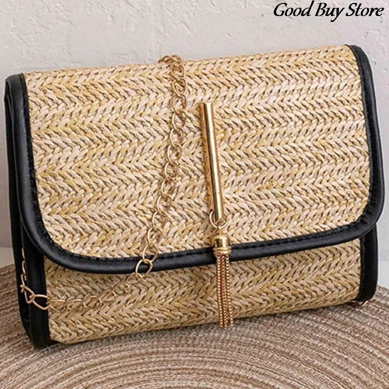 2023 Trendy Beach Shoulder Purse for Women Straw Square Bags Raffia Portable Crossbody Bags Popular Large Totes Travel Handbags