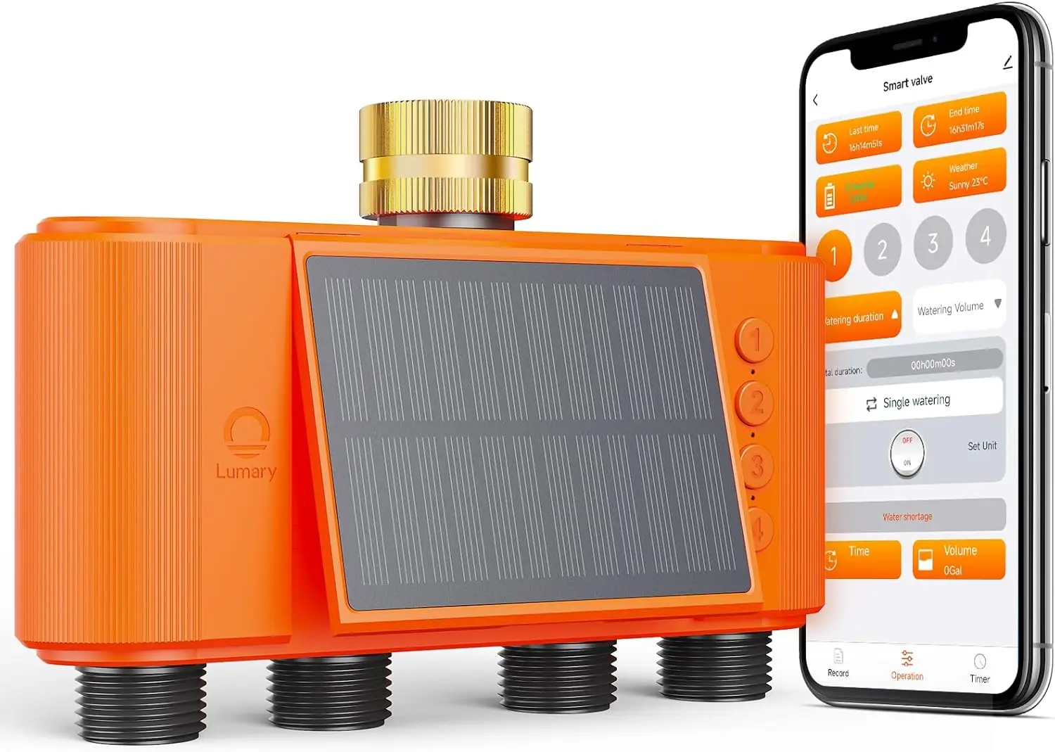 

Solar WiFi Sprinkler Timer 4 Zone with Flow Meter, Smart Garden Irrigation Controller App-Enabled, No Hub Needed