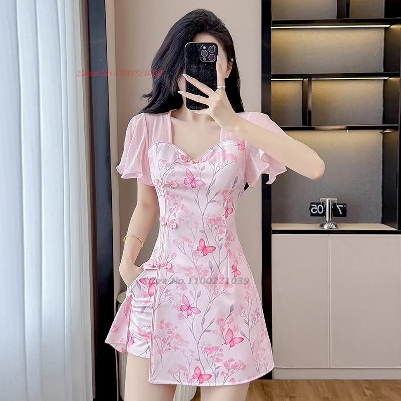 2026 chinese nightclub dress qipao improved cheongsam national flower print mesh patchwork dress+shorts set hotel spa work dress