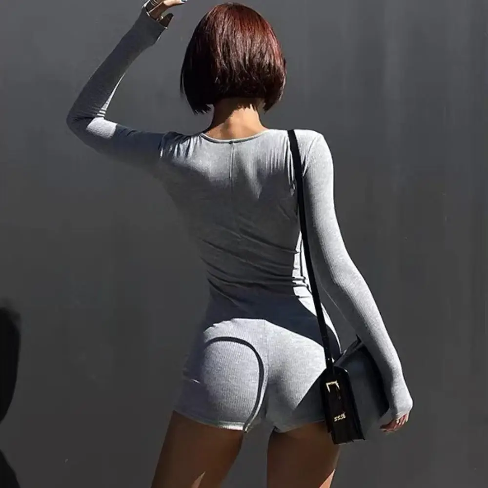 Fashion Bodycon Y2K Slim Bodysuit Zipper V-Neck Long Sleeved Jumpsuit Seamless Yoga Clothes Jumpsuit Shorts Women Party