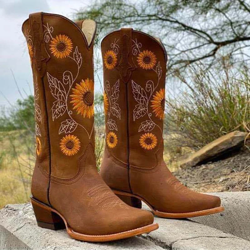 Buty damskie Mid-buty ze skórki cielęcej nadruk ze słonecznikiem buty gruby obcas skórzany kowbojki Plus 35-43
