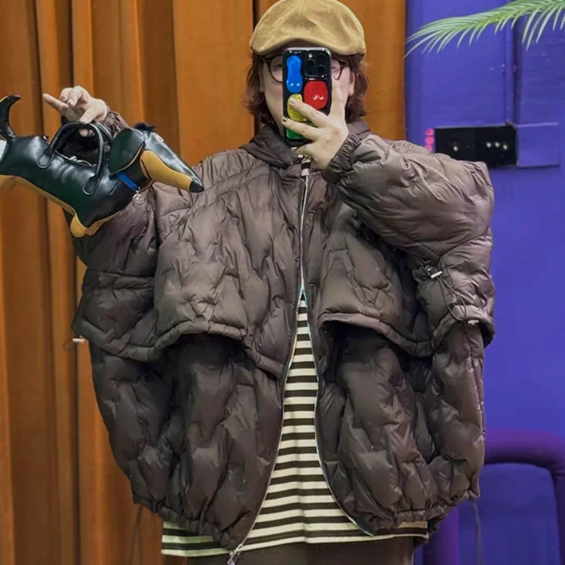 Куртка оверсайз на белом утином пуху с капюшоном, осень-зима, повседневное пальто-пуховик с рукавами «летучая мышь», теплая верхняя одежда, собственное пальто-пуховик