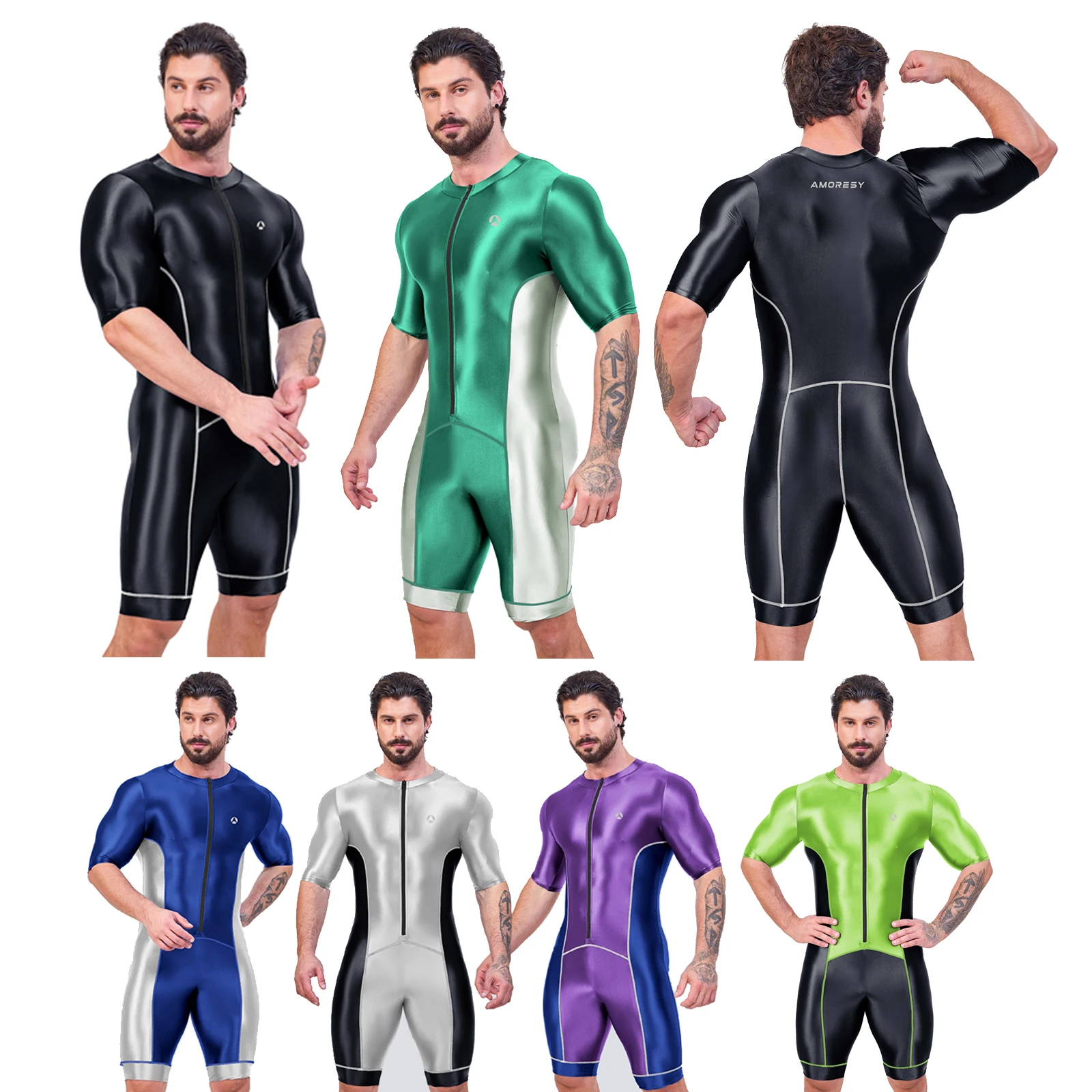 AMORESY Atticus Series Men Bodysuit Surfing Suit Swimwear Yoga Sportswear Fitness Running Cropped Leotards Jumpsuit Swimsuit