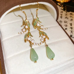 New Trendy Bell Orchid Leaf Water Drop Resin Drop Earrings for Womens Temperament Jewelry S925 Silver Needle Gift